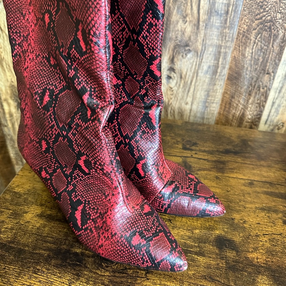 ASOS design Roberts pull on mid heel boots in red snake
